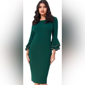 DOUBLE FRILL SLEEVE MIDI DRESS WITH DIAMANTE TRIM
